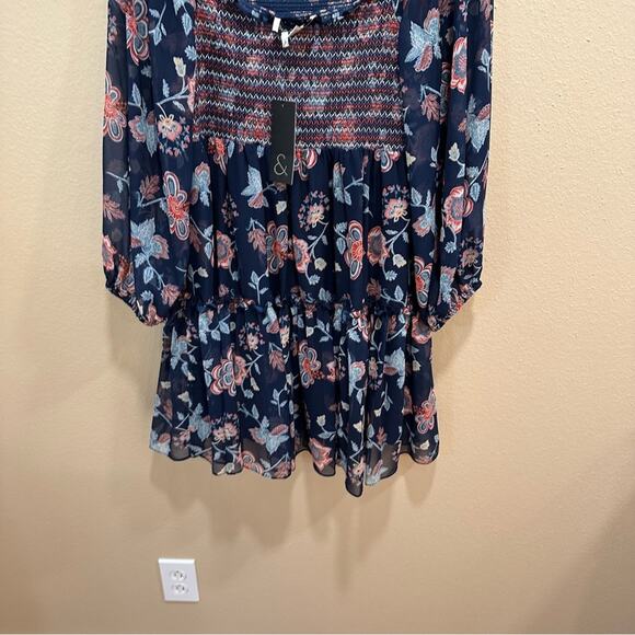 NWT Sachin & Babi Blue Floral Square Neck Smocked Long Sleeve Mini Dress Small - Picture 5 of 11